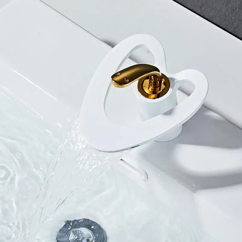 DecorBites™ Golden/White Basin Faucet: Black Brass Waterfall Sink Mixer Tap, Hot & Cold.