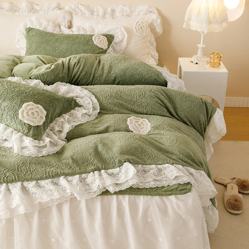 DecorBites™ Luxe Carved Velvet Lace Ruffles Bedding Set with Quilted Bed Skirt
