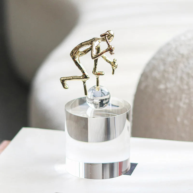 DecorBites™ Geometric Crystal Sculpture: Golden Metal Handcrafted Worker Figurine