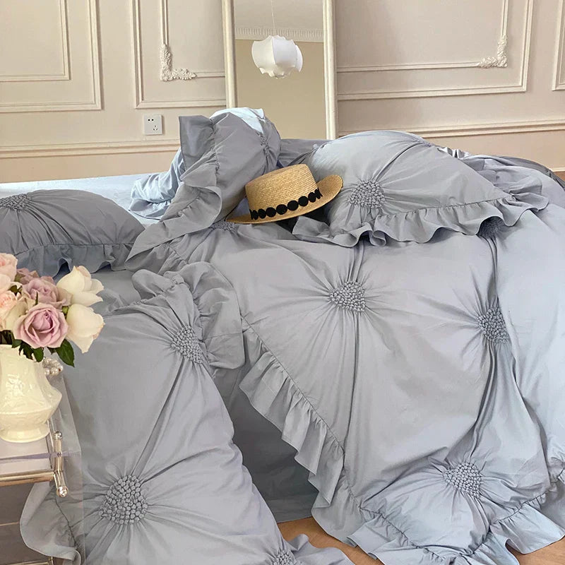 DecorBites™ Korean Princess Style Pure Cotton Bedding Set with Ruffles and Heart Pleat