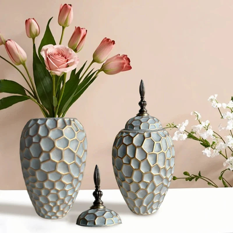DecorBites™ Geometric Diamond Check Ceramic Vase: Home Decor Floral Arrangement & Accessories