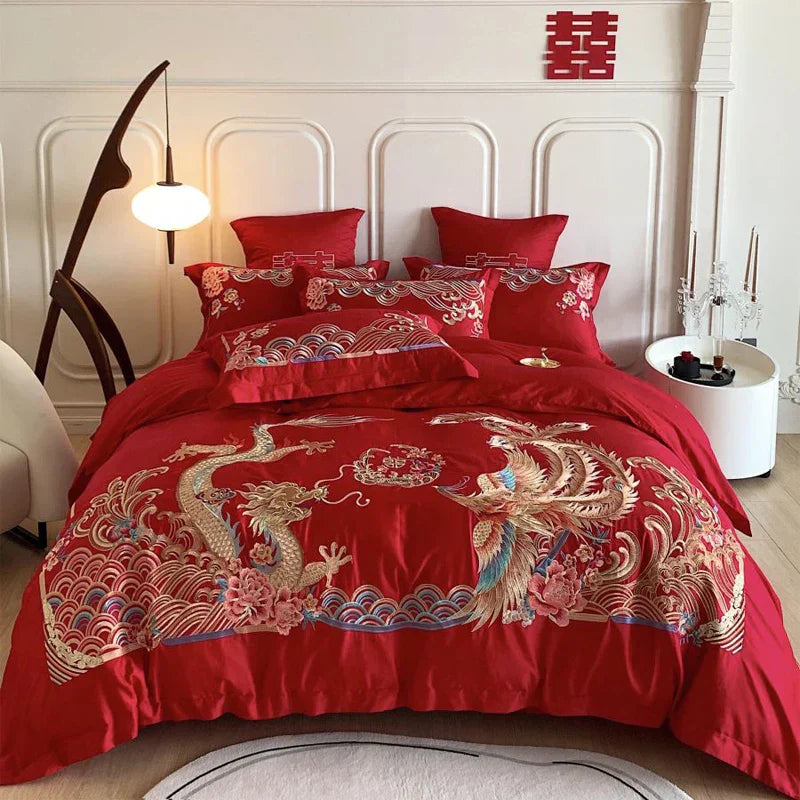 DecorBites™ Gold Loong Phoenix Embroidery Queen Bedding Set, Luxurious Brushed 4Pcs Set