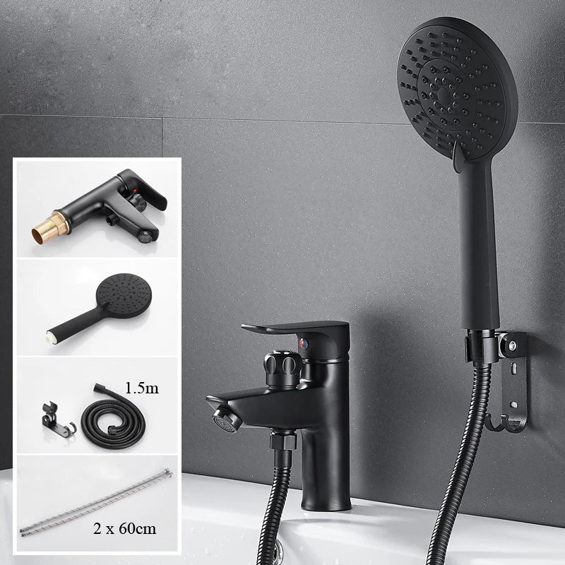 DecorBites™ Black Brass Single Handle Bathroom Basin Faucet with Shower Head, Hot and Cold Mixer Tap