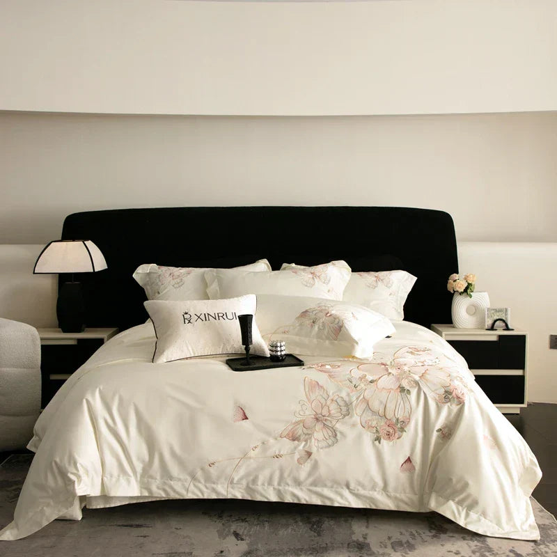 DecorBites™ Luxe Butterfly Flowers Embroidery Bedding Set 800TC Egyptian Cotton Duvet Covers Sheets Pillowcases