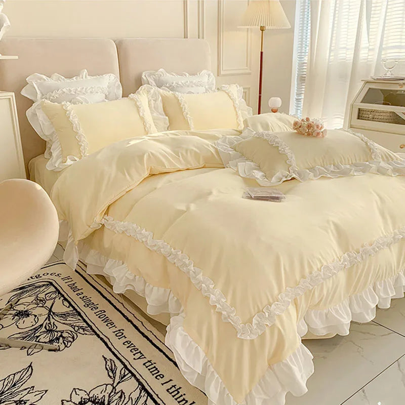 DecorBites™ Korean Princess Lolita Bed 4-Piece Set in Solid Washed Cotton