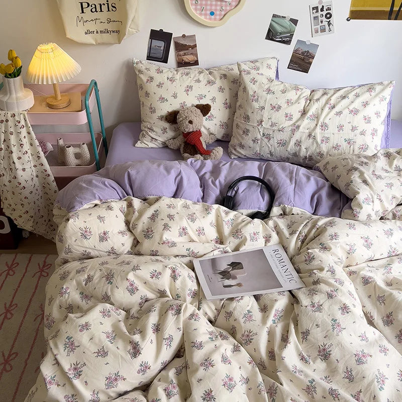 DecorBites™ Korean Floral Print Single Duvet Cover: Sweet Comfort, All Seasons, Skin-Friendly