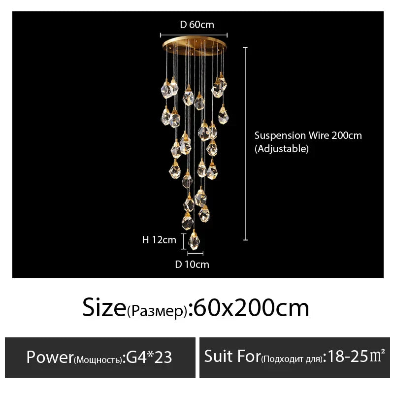 DecorBites™ Diamond Crystal Chandelier Staircase LED Golden Large Living Room Hall Lighting