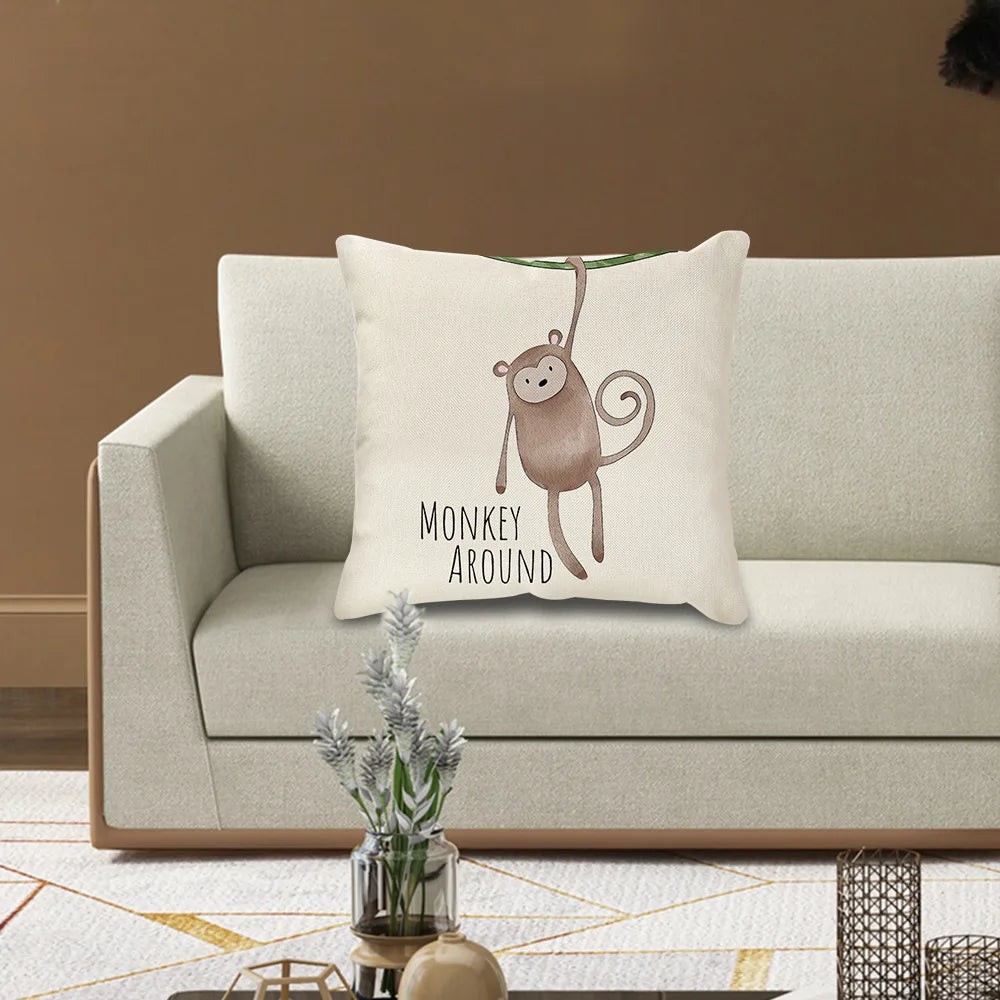 Cream cartoon animal linen pillowcase set for living room