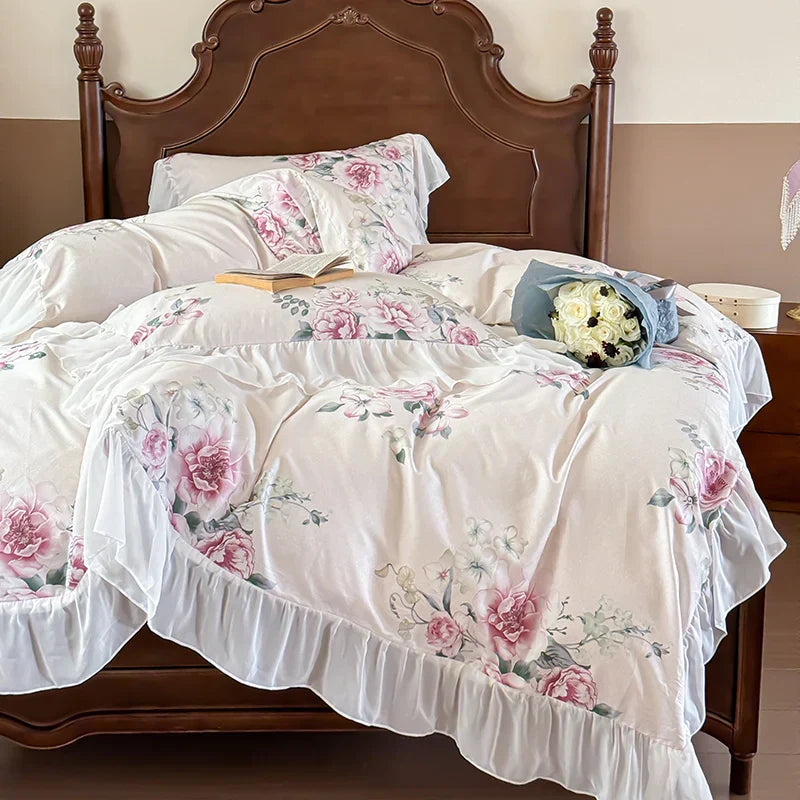DecorBites™ French Flowers Lace Ruffles Princess Bedding Set with Bed Sheet Pillowcases
