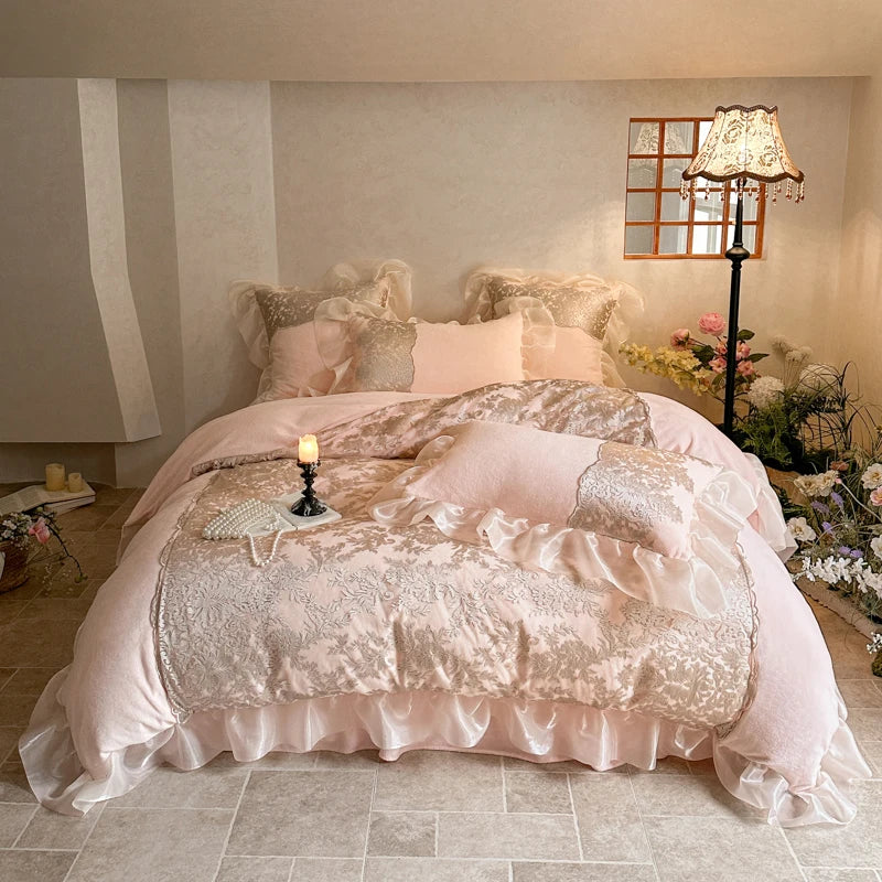 DecorBites™ French Lace Ruffles Princess Bedding Set with Warm Milk Velvet Duvet Cover