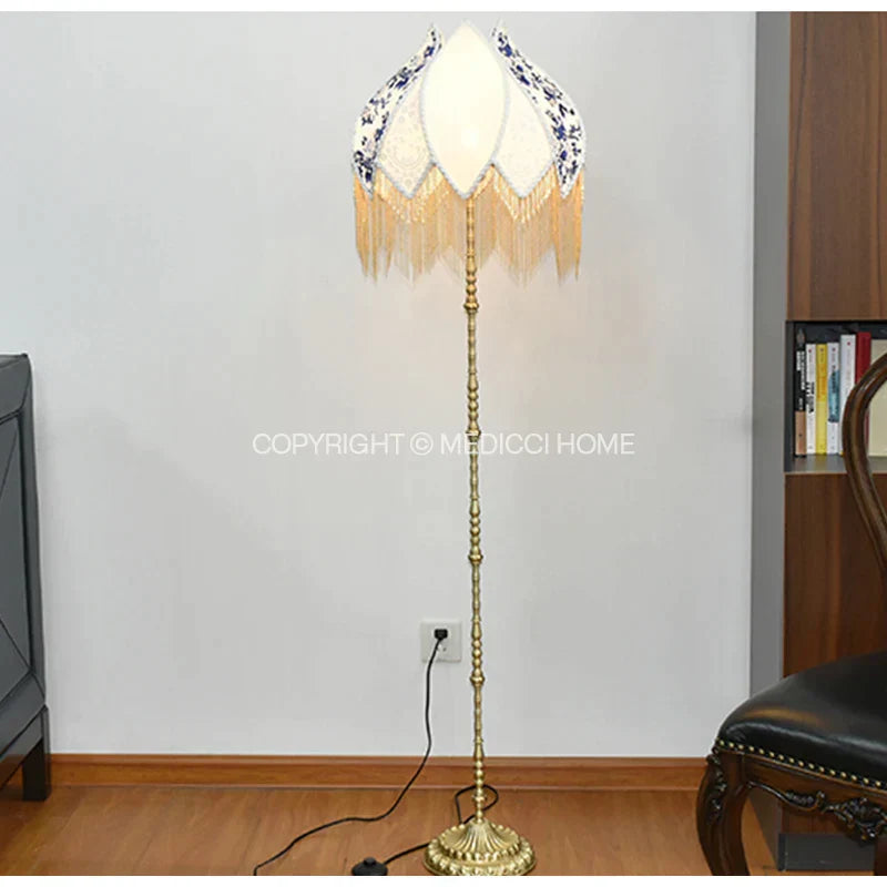 Blue & white porcelain floral lampshade bedroom pearl tassel decor