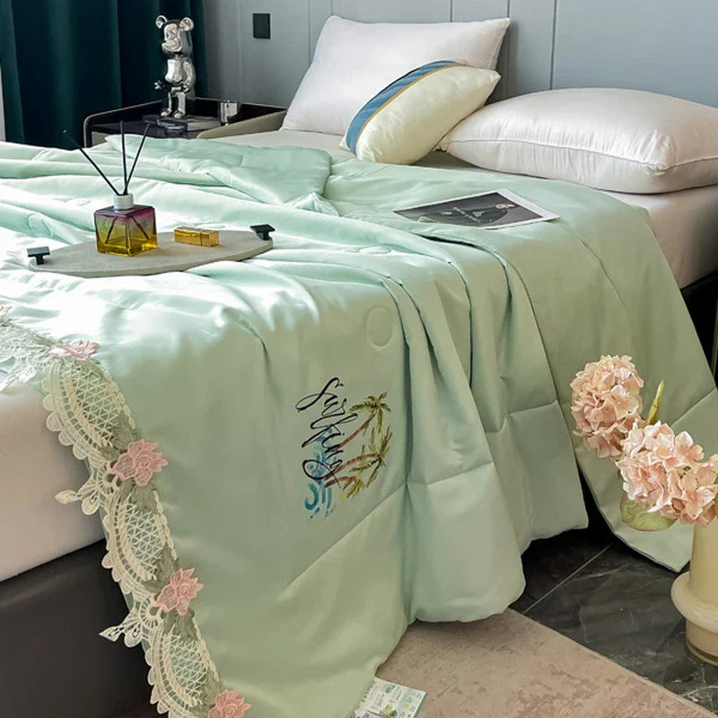 DecorBites™ Lace Edge Flowers Embroidery Cool Blanket for Bed - Machine Washable Summer Quilt