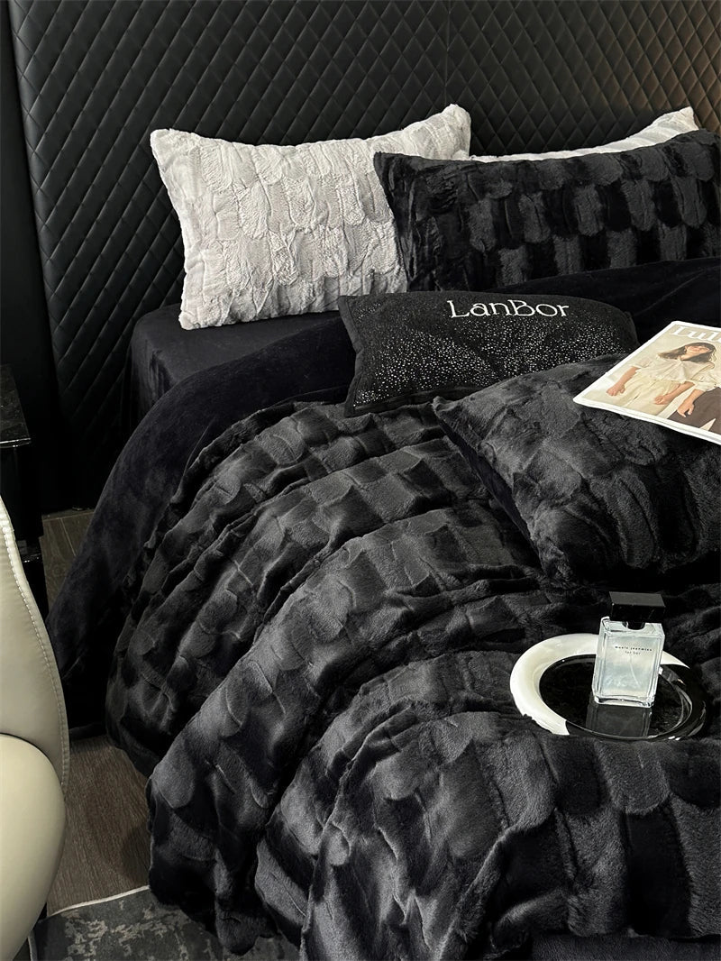 DecorBites™ Cozy Faux Rabbit Fur Bedding Set in Black & Grey: Duvet, Sheets, Pillowcases