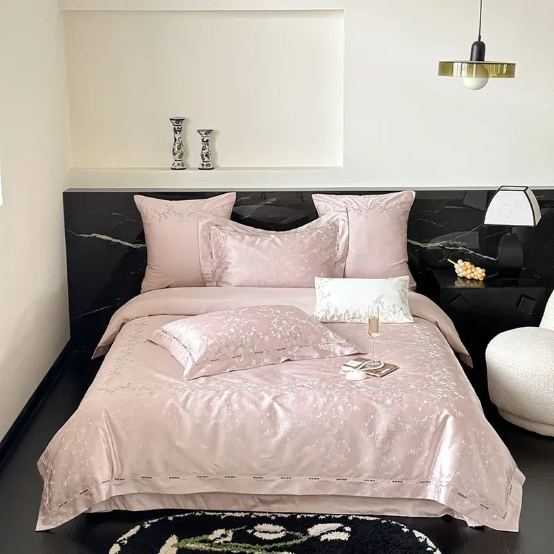 DecorBites™ Jacquard 100s Egyptian Cotton Bedding Set: King Queen Ru Size Sheet Blanket Pillowcase