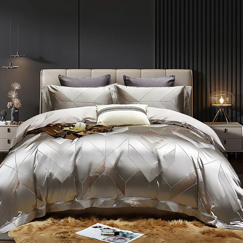 DecorBites™ Gold Leaves Jacquard Cotton Bedding Set with Smooth Egyptian Cotton Duvet Cover