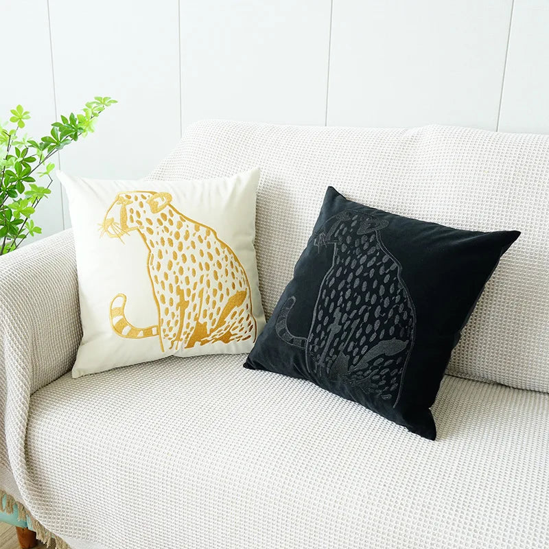 DecorBites™ Gold Leopard Velvet Pillow Case 45x45cm Luxury Embroidered Animal Cushion Cover