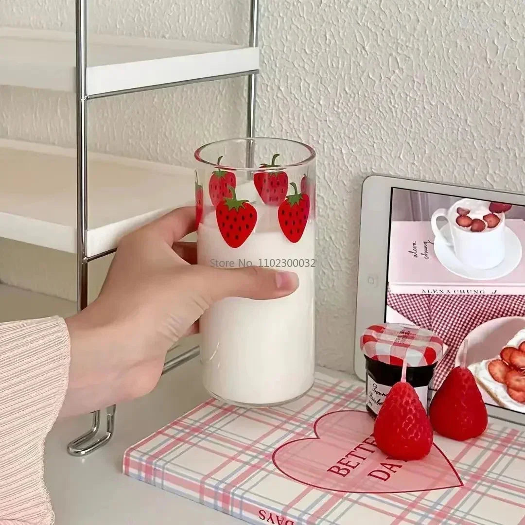DecorBites™ Kawaii Strawberry Glasses Cup with Straws - Cute Clear Juice Mug