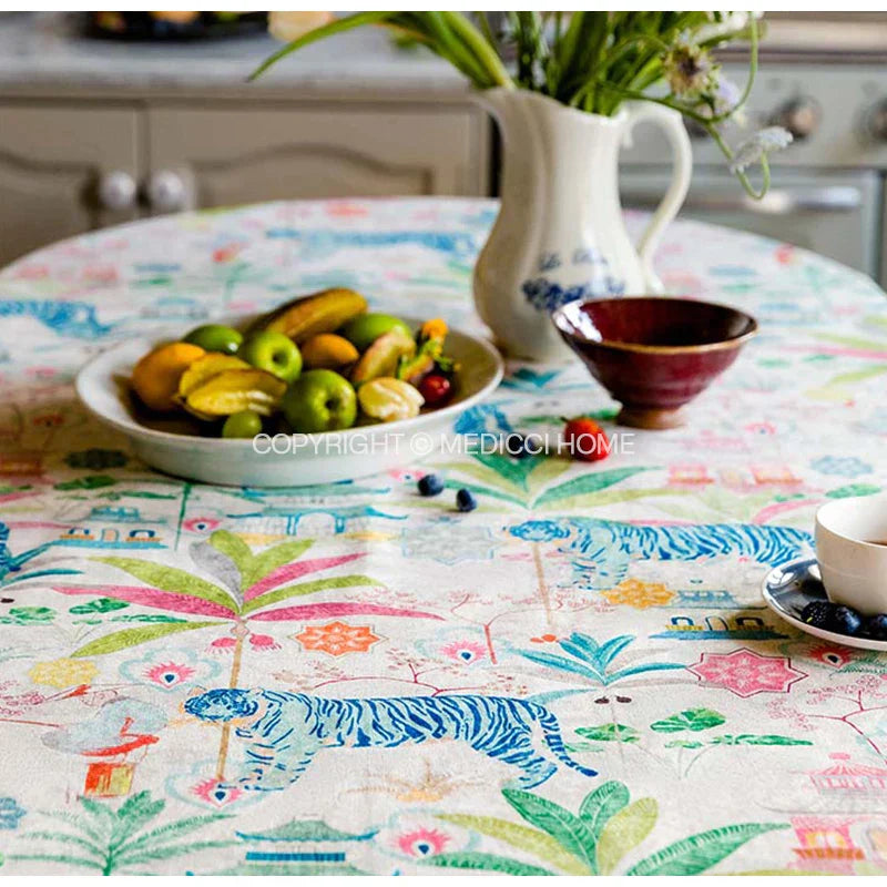 DecorBites™ Jungle Vibes Tablecloth: Tiger Plants & Pagoda Print for Kitchen Garden