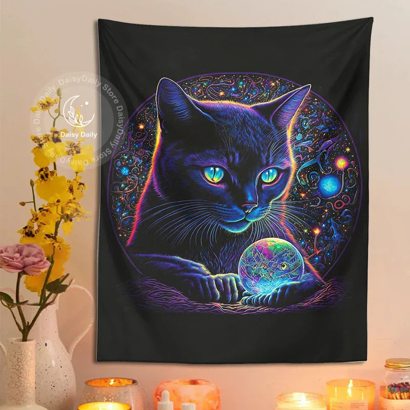 DecorBites™ Black Cat Tapestry: Trippy Magic Crystal Ball Wall Art for Boho Home Decor