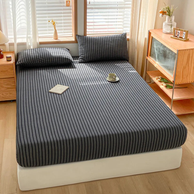 DecorBites™ Cotton Stripe Fitted Sheet- Single Cozy Mattress Cover with Elastic Band