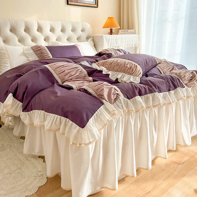 DecorBites™ Korean Princess Style Cotton Bedding Set with Pleated Ruffles and Soft Quilt Cover