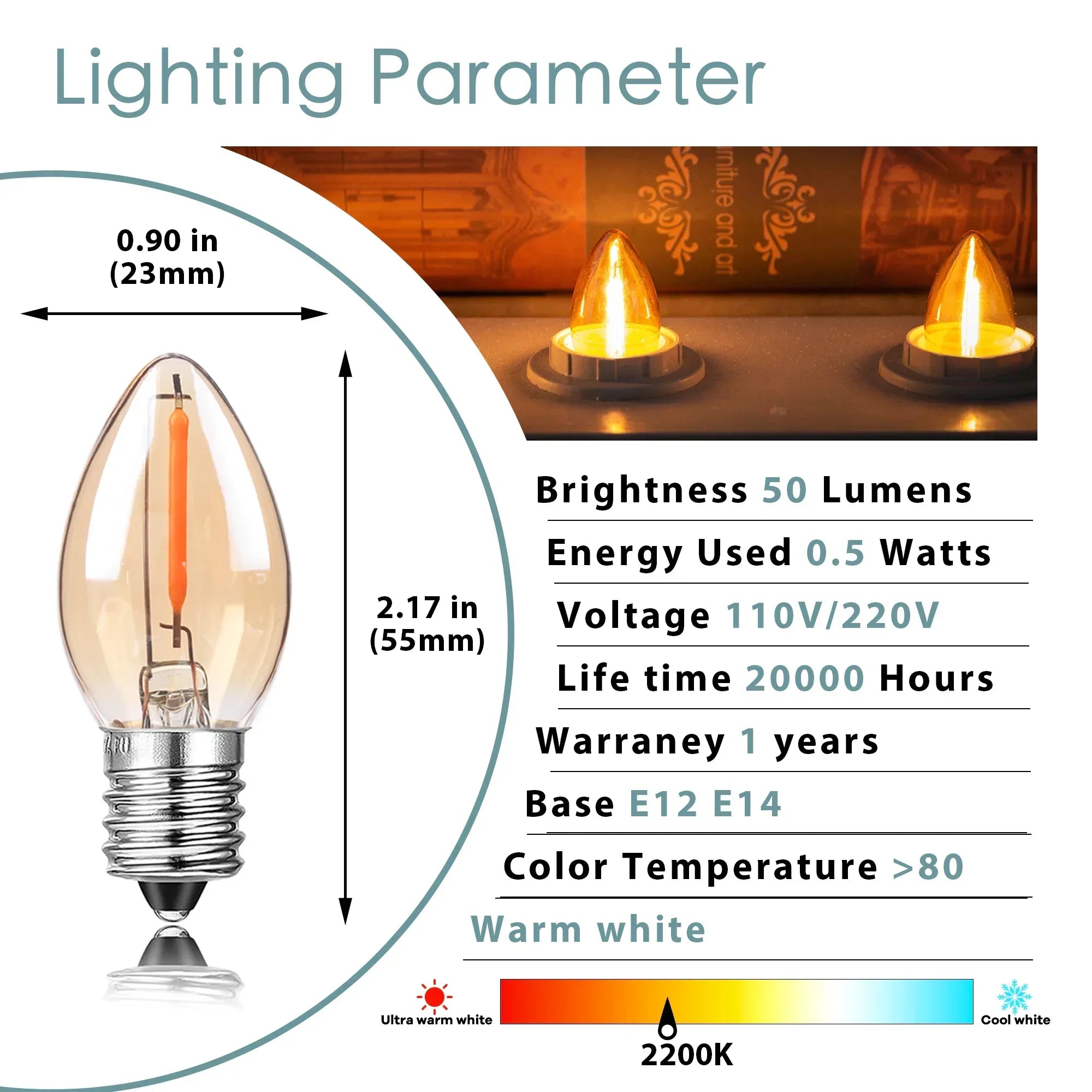 DecorBites™ Gold Tint Glass LED Filament Candelabra Bulb Dimmable 2200K 0.5W 110V 220V