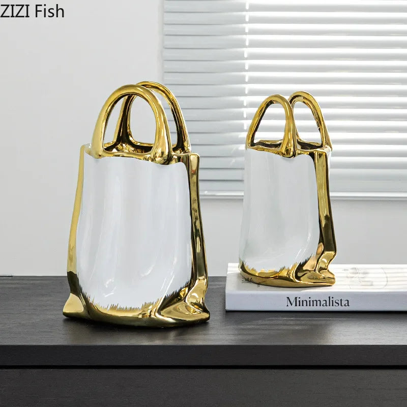 DecorBites™ Golden Handbag Ceramic Vase for Stunning Flower Arrangements