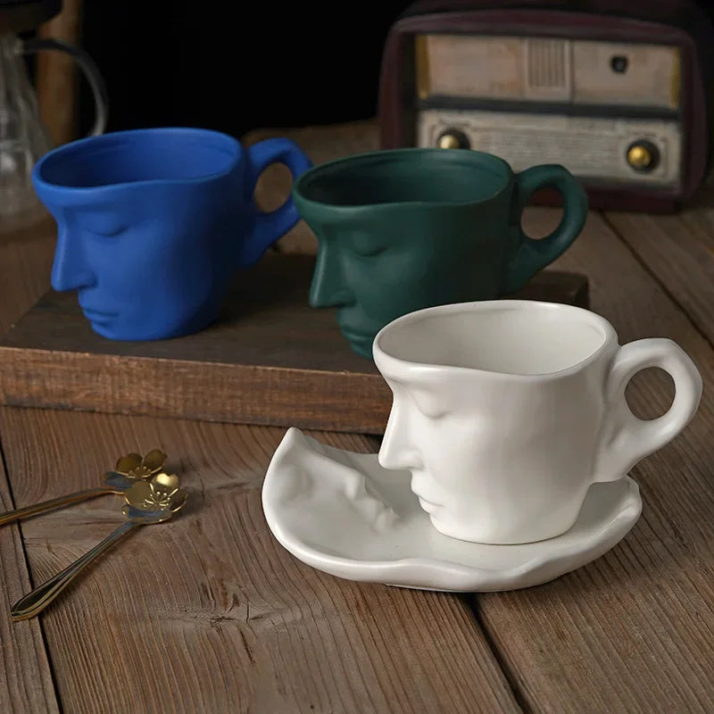 DecorBites™ Frosted Ceramic Face Mug Set: Cup, Saucer, Spoon for Coffee, Tea, Milk