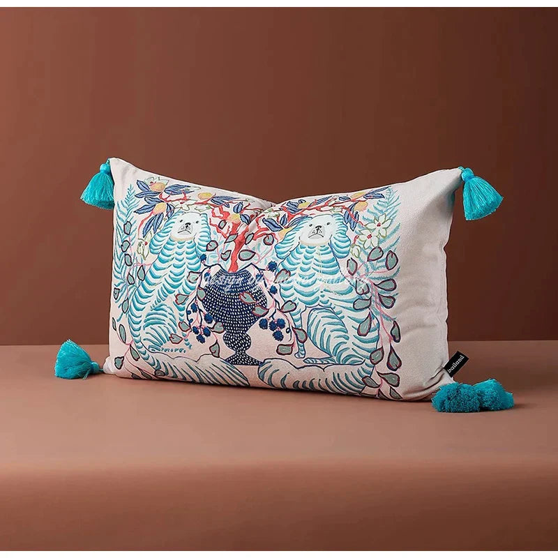 DecorBites™ Handmade Lumbar Pillow Case Lion Dog Floral Decorative Cover