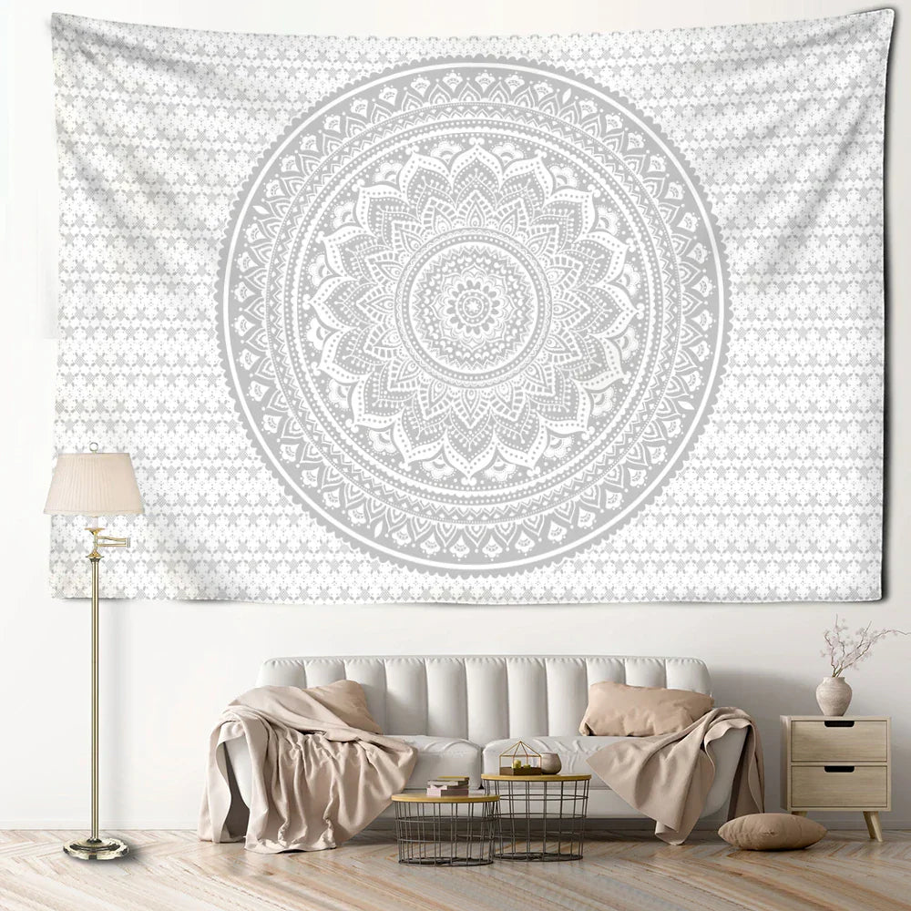 DecorBites™ Grey Mandala Tapestry Wall Hanging Psychedelic Hippie Art for Aesthetic Home Decor