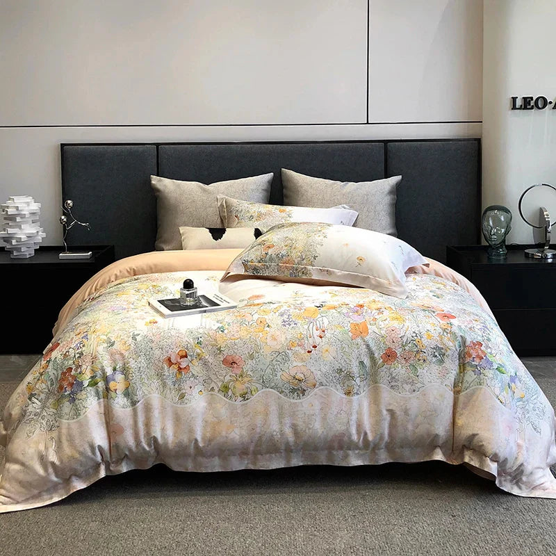 DecorBites™ Flowers Plant Print Bedding Set: Luxe Lyocell Cotton Soft Silky Cool Duvet Cover Set