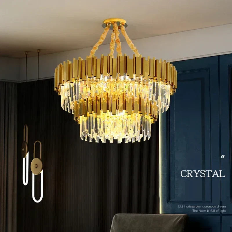 DecorBites™ Golden Luxury Chandelier: Elegant Crystal Ceiling Light for Hotel Living Room
