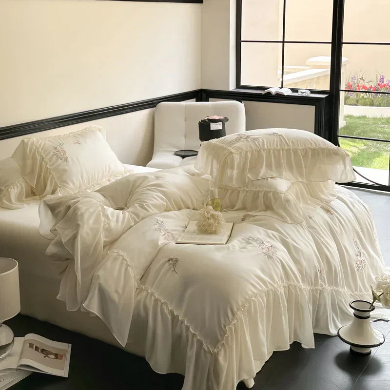 DecorBites™ Flowers Embroidery Lace Ruffles Bedding Set in Soft Lyocell Fabric