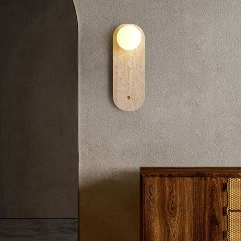 DecorBites™ LED Button Switch Wall Light in Yellow Travertine White Glass - Modern Nordic Design