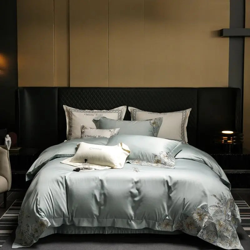 DecorBites™ Luxe Embroidered Cotton Bedding Set: Duvet Cover, Pillowcases, Flat Sheet