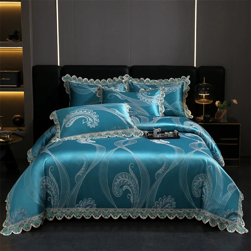 DecorBites™ Golden Jacquard Cotton Lace Bedding Set - Silky Soft Duvet Cover, Flat Sheet, Pillowcase
