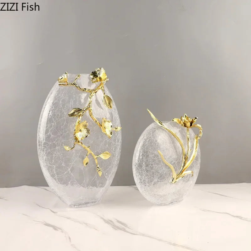 DecorBites™ Golden Flower Glass Vase Desk Decoration, Aesthetic Floral Vases, Room Decor