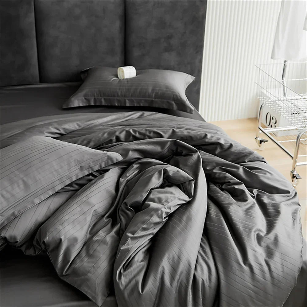 DecorBites™ Grey Lines Stripes Duvet Cover Set Cotton Satin Jacquard Queen King Size
