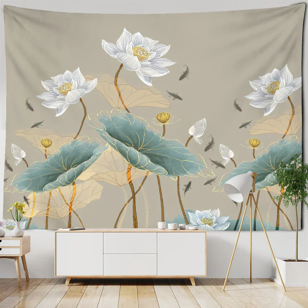 DecorBites™ Koi Lotus Ink Tapestry Wall Hanging - Bohemian Aesthetics Home Decor