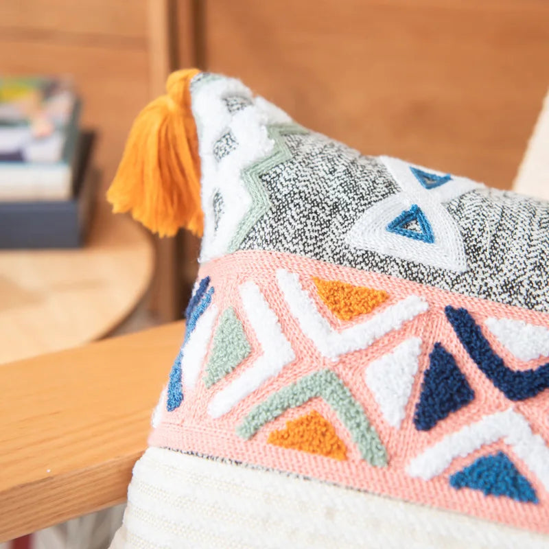 DecorBites™ Geometric Embroidered Cushion Cover with Tassels for Home Decor