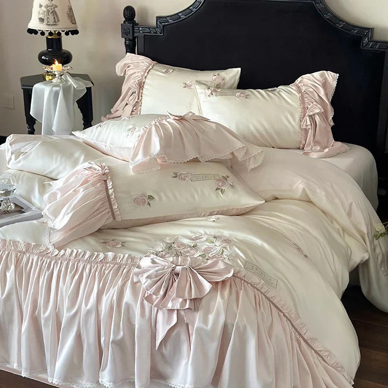 DecorBites™ French Bow Ruffle Flower Embroidery Bedding Set - Luxury Lyocell Cotton