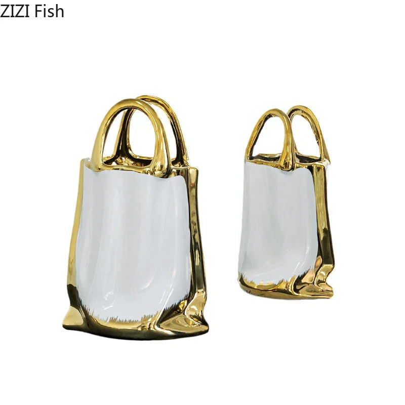 DecorBites™ Golden Handbag Ceramic Vase for Stunning Flower Arrangements