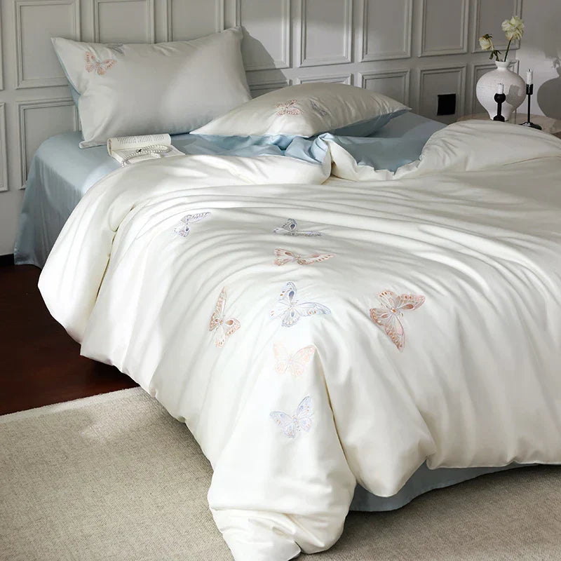 DecorBites™ Butterfly Embroidery Lyocell Cotton Bedding Set, Silky Soft Cool Feeling Sheets