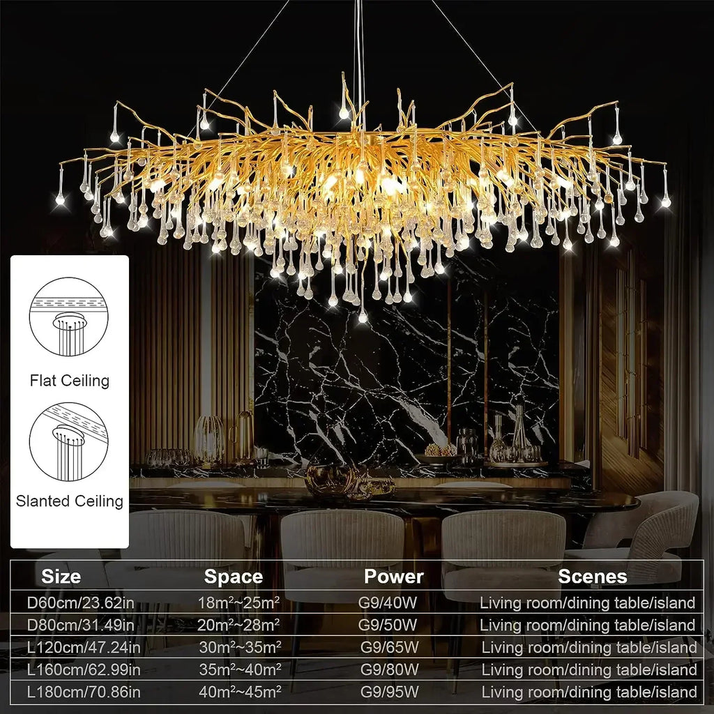 DecorBites™ Gold Nordic Crystal Chandelier - Long Branch Teardrop Design
