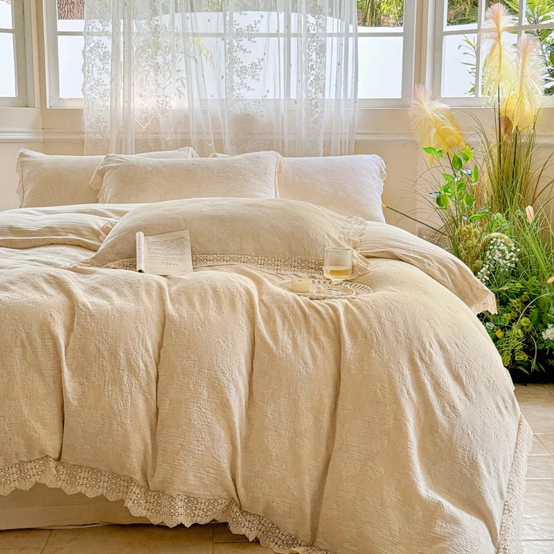 DecorBites™ French Lace Ruffles Bedding Set Queen King Size 4Pcs