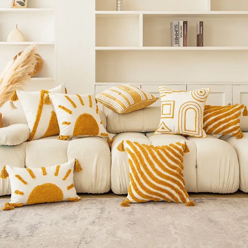 DecorBites™ Golden Yellow Geometric Tufted Tassel Cushion Cover - Modern Boho Home Decor