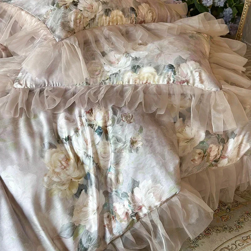 DecorBites™ French Flowers Lace Ruffles Bedding Set with Silky Soft Lyocell Cotton