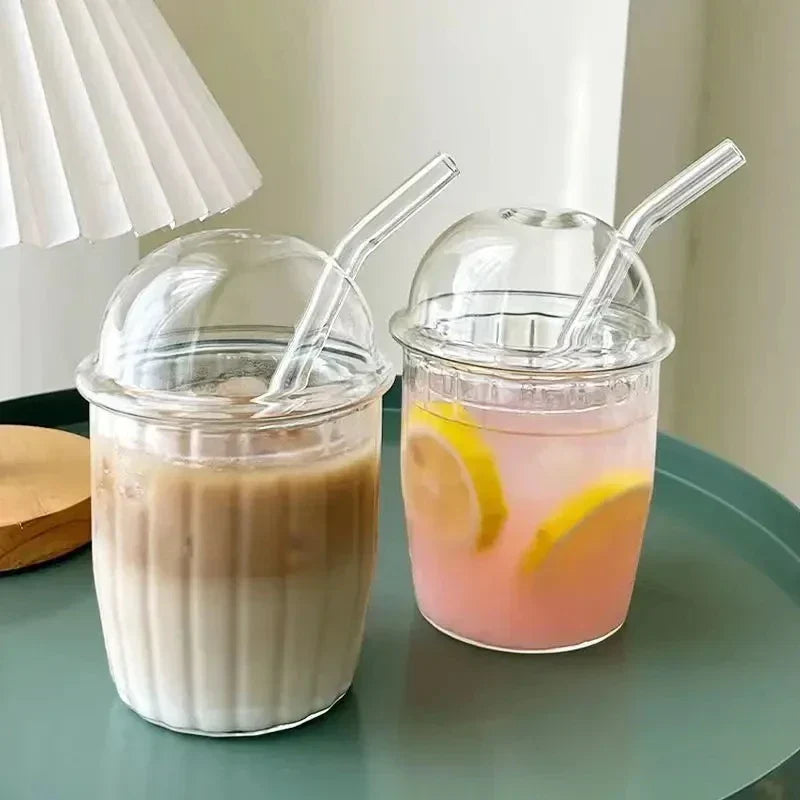 DecorBites™ Glass Cup with Lid, Straw, and Pink Bow Tie: Cute, Simple, High-Value Coffee Cup