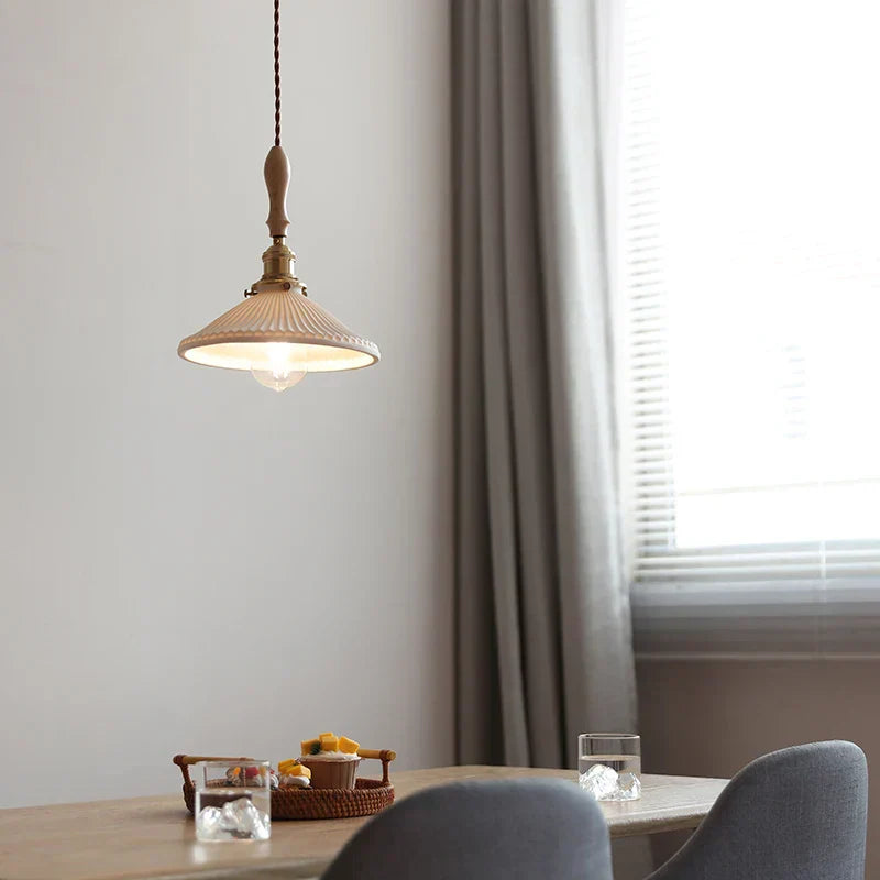 Vintage cream ceramic led pendant lamp kitchen ribbed glass shade