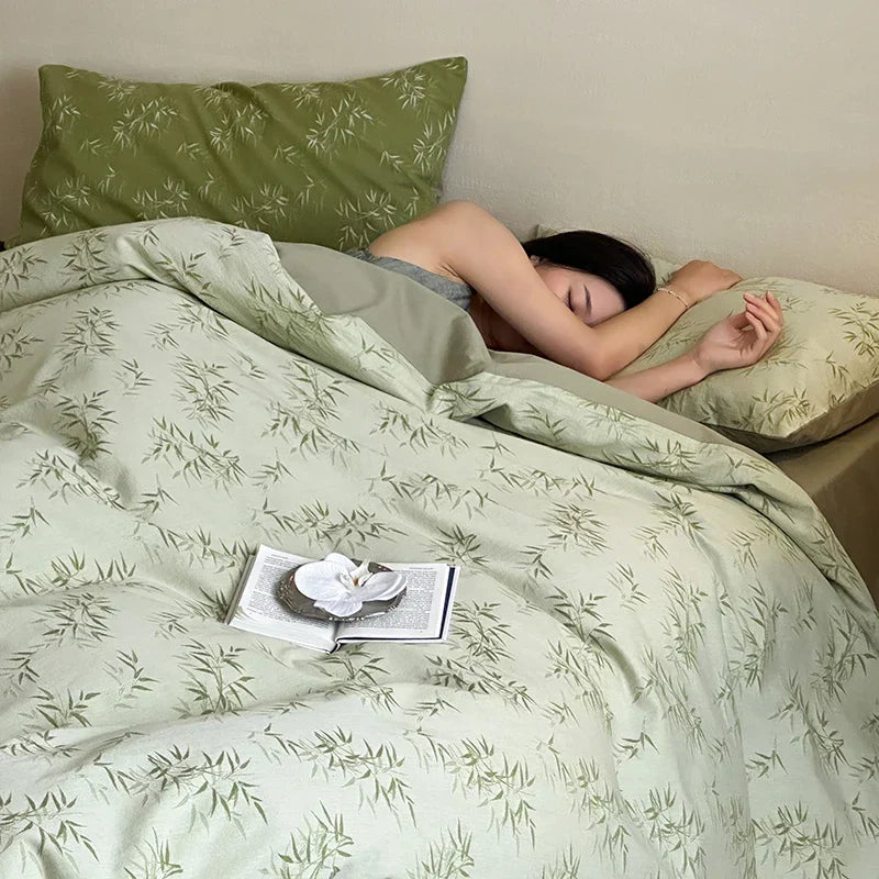 DecorBites™ Bamboo Leaf Jacquard Bedding Set: Soft & Comfortable Quilt Set, 100% Cotton, Green, Adult & Kids.